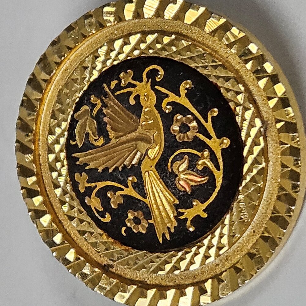 Vintage Damascene Etched Bird & Flowers Round Brooch Gold Tone Black 1 Inch/C-3